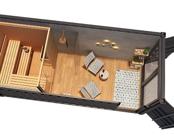 Conteneur Sauna de 15 m² avec espace de repos « clé en main »